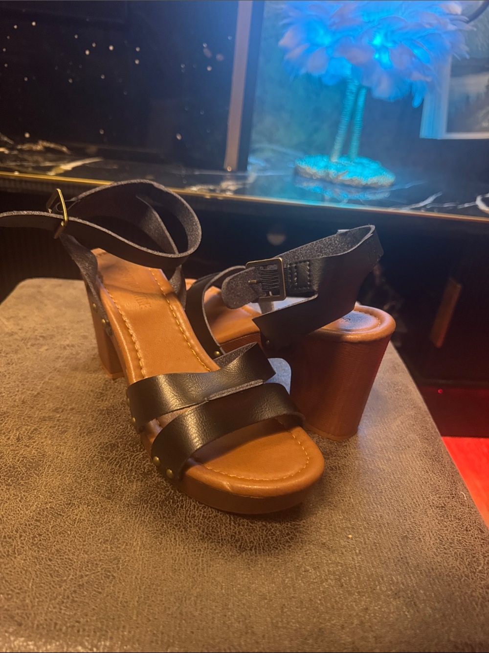 Black Strappy Block Heel Sandals with Brown Platform - Women